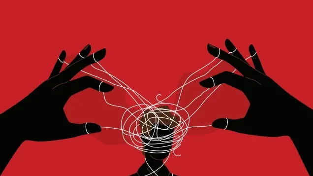Illustration of hands manipulating a person's head with strings, symbolizing gaslighting tactics.
