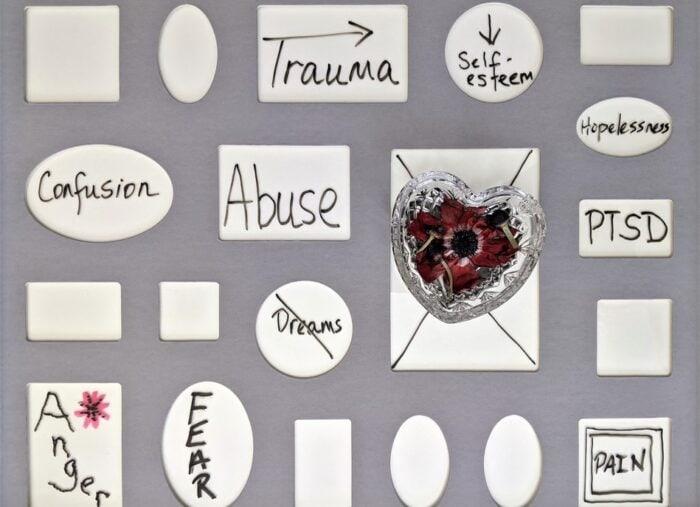 Visual symbols representing trauma, abuse, and emotional healing.